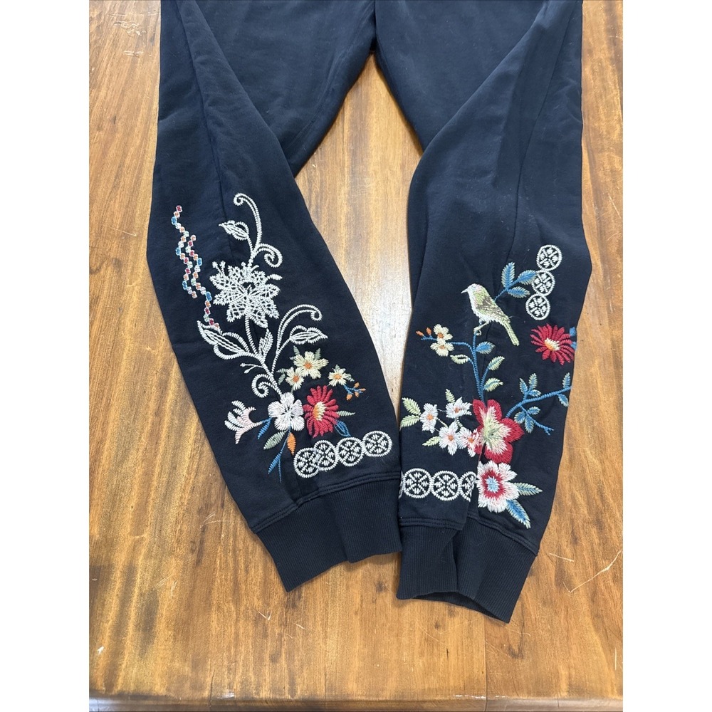 JW Los Angeles Bird Flowers Tappered Joggers Embroidered Navy Knit Pants size M - Picture 4 of 5